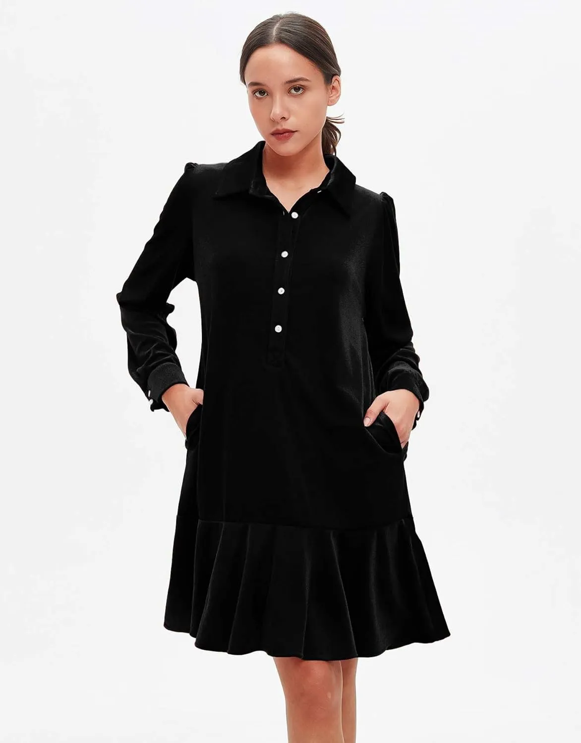 Women's Fall Velvet Dress V Neck Button Down Tunic Shift Dress Flowy Rufflle Hem Mini Party Dresses with Pockets