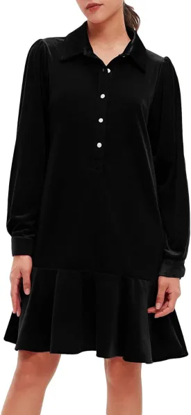 Women's Fall Velvet Dress V Neck Button Down Tunic Shift Dress Flowy Rufflle Hem Mini Party Dresses with Pockets