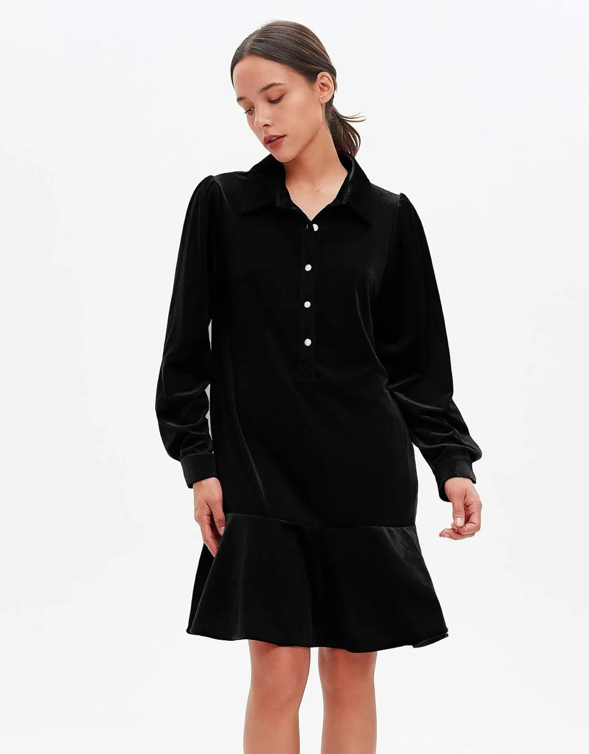 Women's Fall Velvet Dress V Neck Button Down Tunic Shift Dress Flowy Rufflle Hem Mini Party Dresses with Pockets