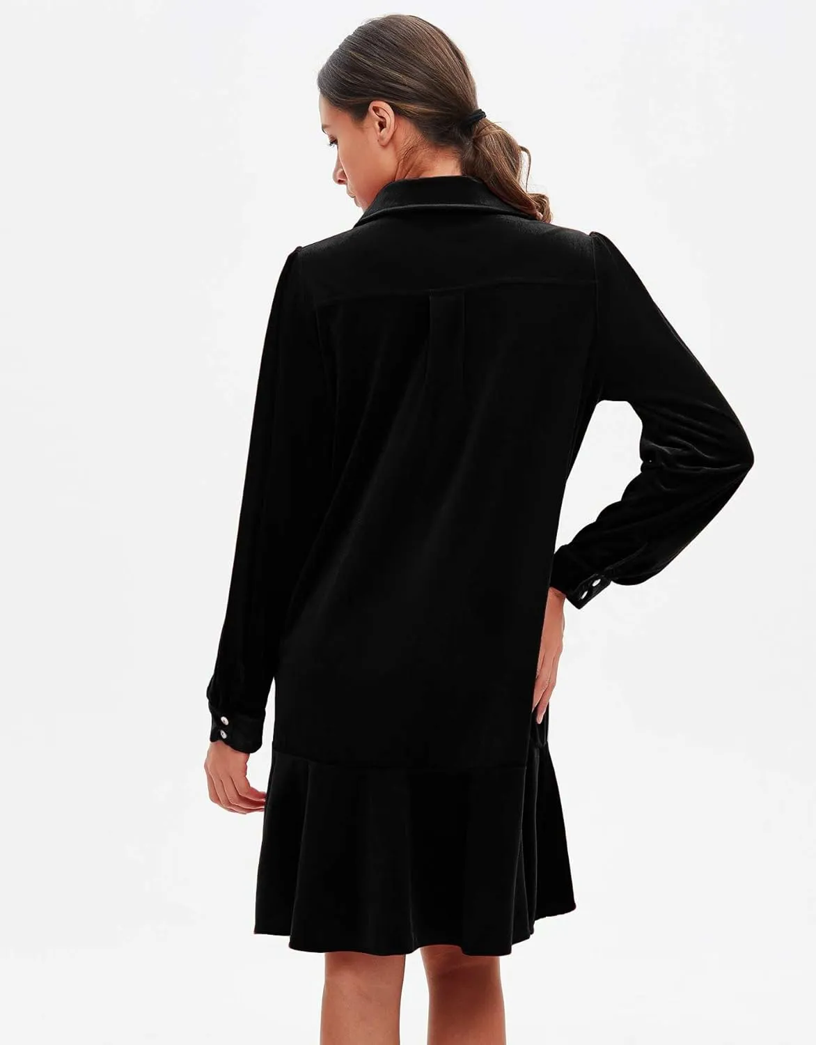 Women's Fall Velvet Dress V Neck Button Down Tunic Shift Dress Flowy Rufflle Hem Mini Party Dresses with Pockets