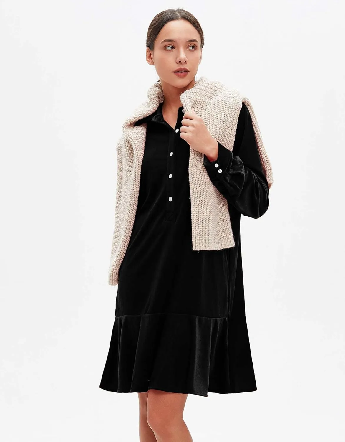 Women's Fall Velvet Dress V Neck Button Down Tunic Shift Dress Flowy Rufflle Hem Mini Party Dresses with Pockets