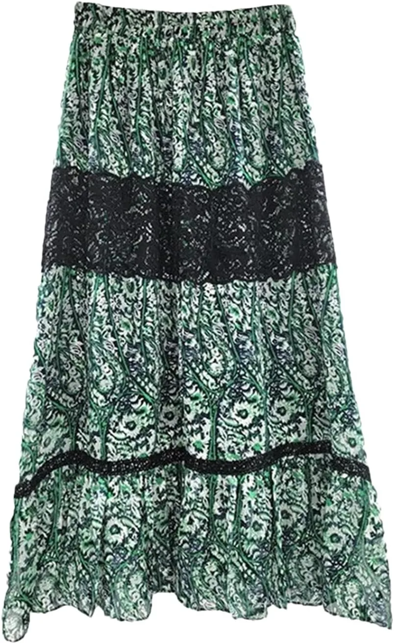 Women's Floral Lace Skirt, Pleated Hem with Elastic Waist Design