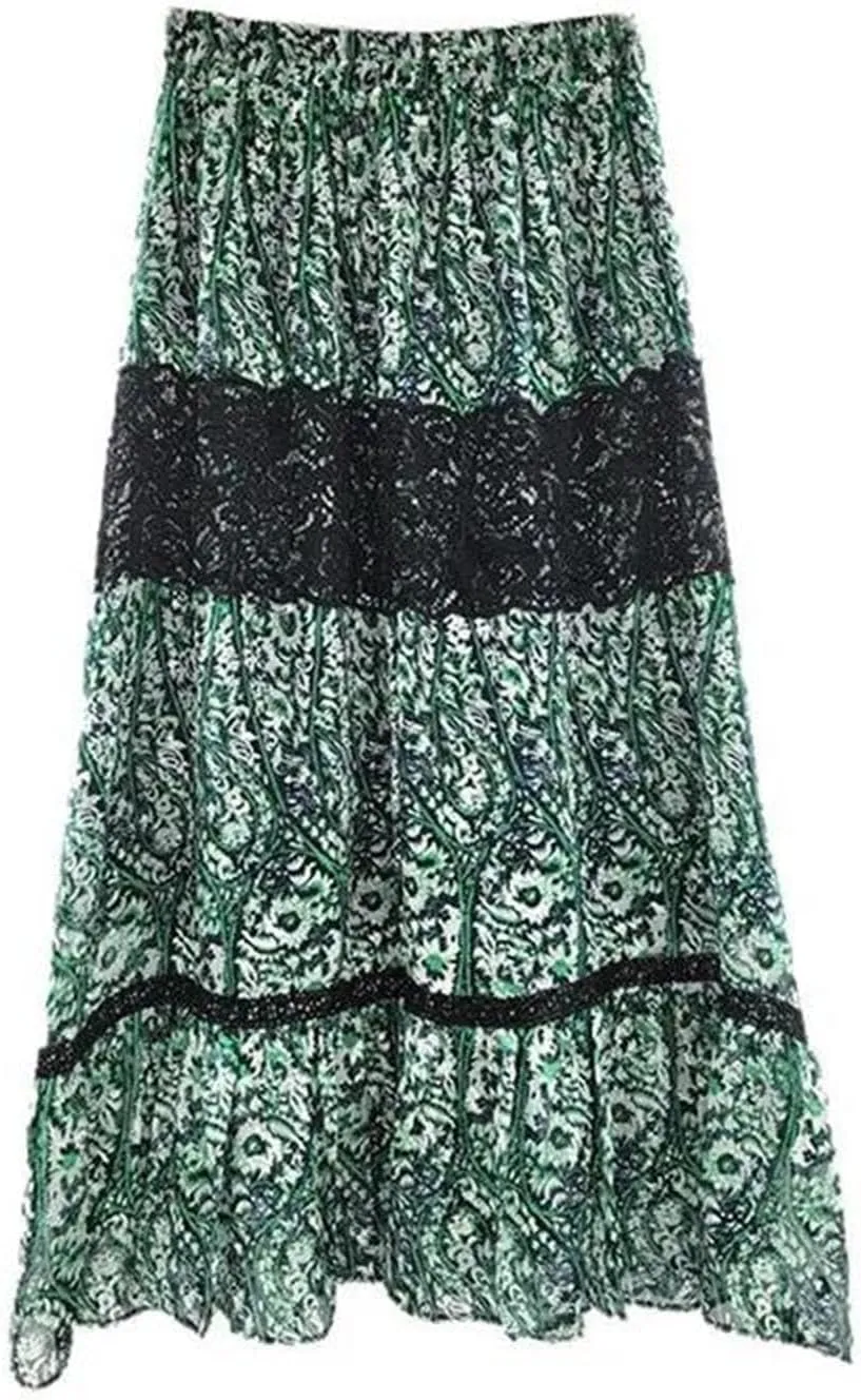 Women's Floral Lace Skirt, Pleated Hem with Elastic Waist Design