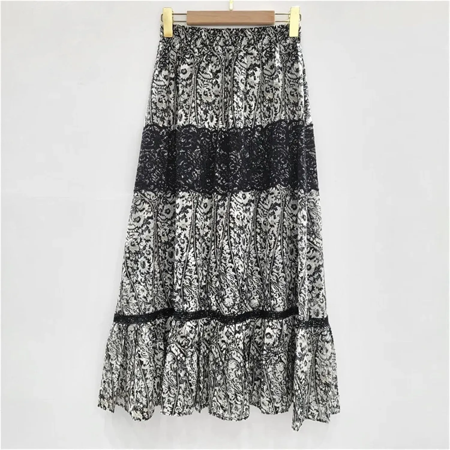 Women's Floral Lace Skirt, Pleated Hem with Elastic Waist Design