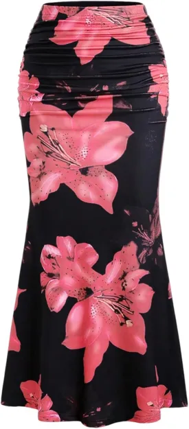 Women's Floral Print Maxi Skirt Ruffle Hem Ruched Fishtail Bodycon Long Skirts Vacation Going Out Outfits