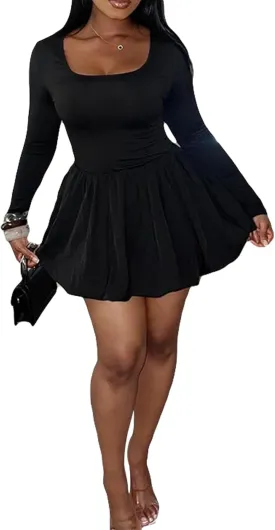 Womens Mini Bubble Dress Elegant Classy a Line Bodycon Sexy Square Neck Long Sleeve Holiday Party Cocktail Dresses