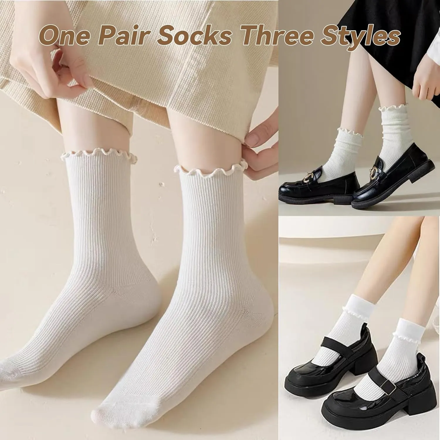 Womens Ruffle Socks, 6 Pairs White Lettuce Edge Turn-Cuff Cotton Frilly Ankle Crew Boot Socks