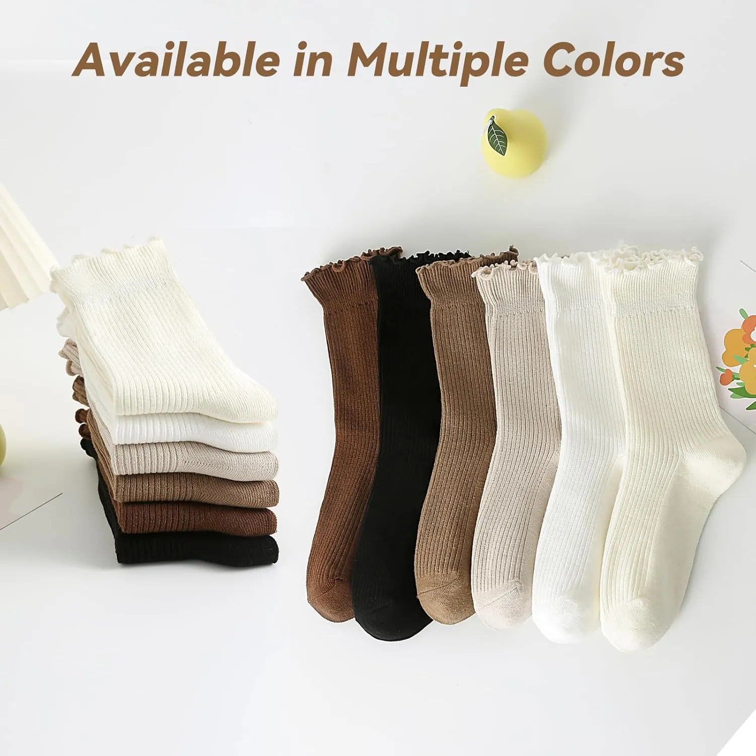 Womens Ruffle Socks, 6 Pairs White Lettuce Edge Turn-Cuff Cotton Frilly Ankle Crew Boot Socks