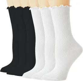Womens Ruffle Socks, 6 Pairs White Lettuce Edge Turn-Cuff Cotton Frilly Ankle Crew Boot Socks