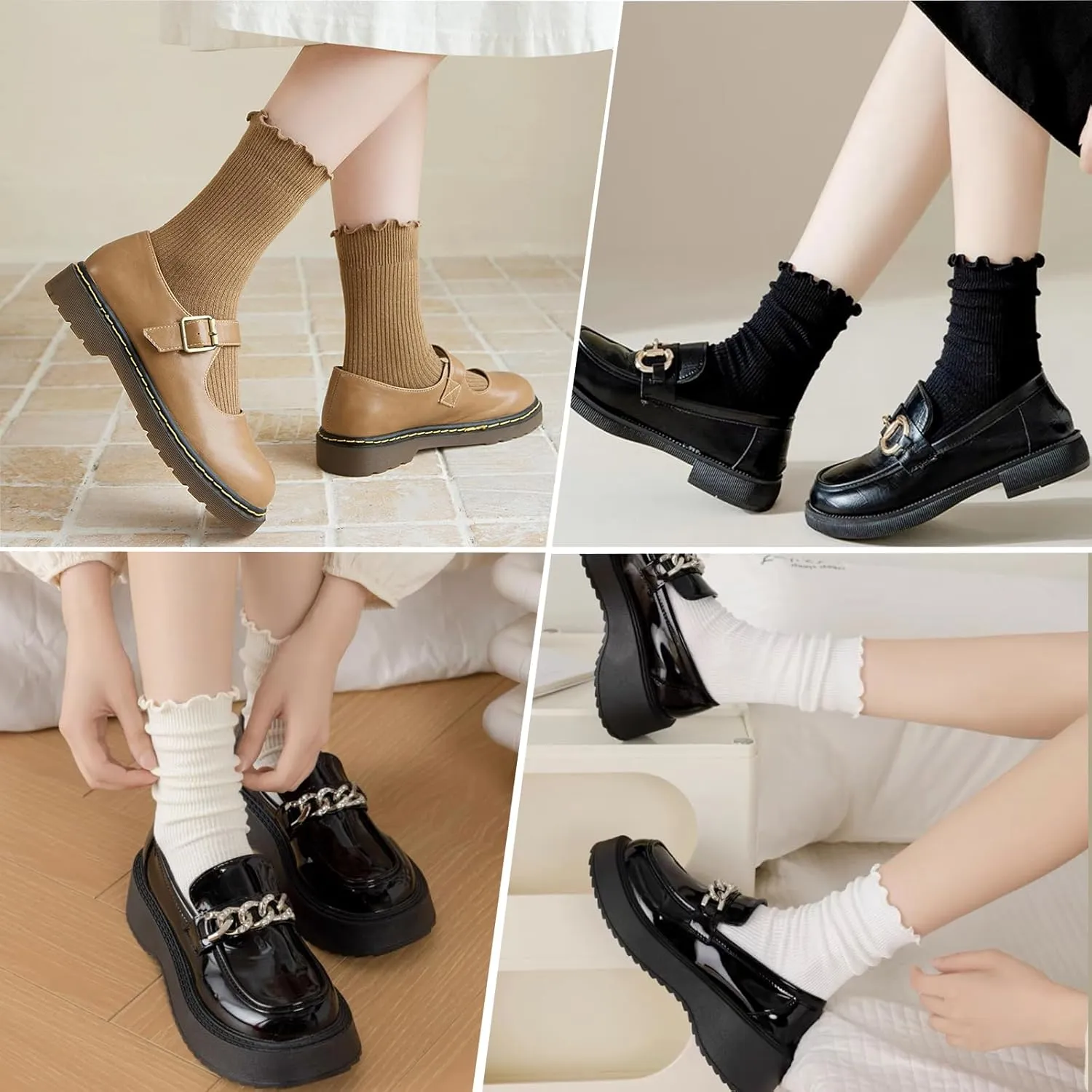 Womens Ruffle Socks, 6 Pairs White Lettuce Edge Turn-Cuff Cotton Frilly Ankle Crew Boot Socks