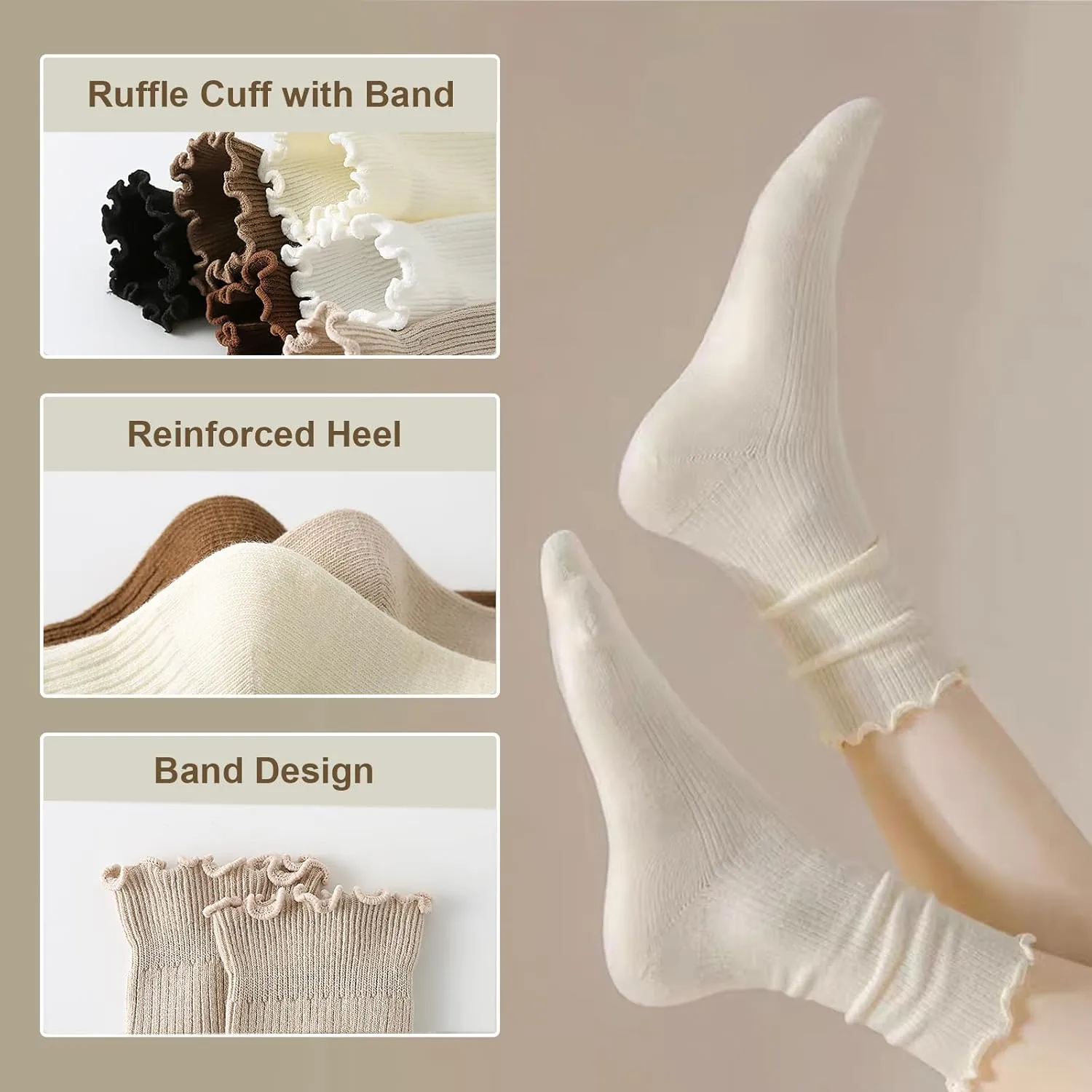 Womens Ruffle Socks, 6 Pairs White Lettuce Edge Turn-Cuff Cotton Frilly Ankle Crew Boot Socks