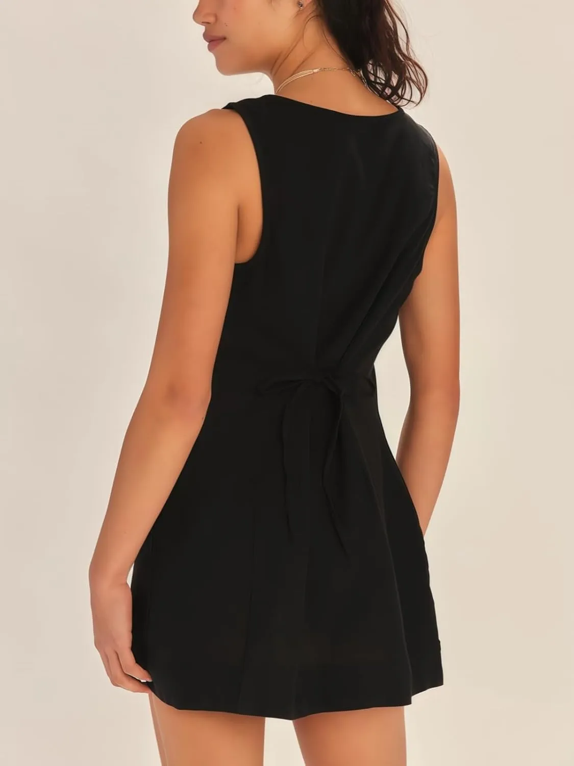 Womens Summer Sleeveless Cotton Linen Mini Dress Casual Square Neck Back Tie Button Down Solid Tank Dresses