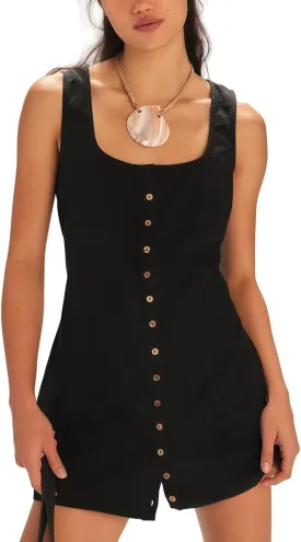 Womens Summer Sleeveless Cotton Linen Mini Dress Casual Square Neck Back Tie Button Down Solid Tank Dresses