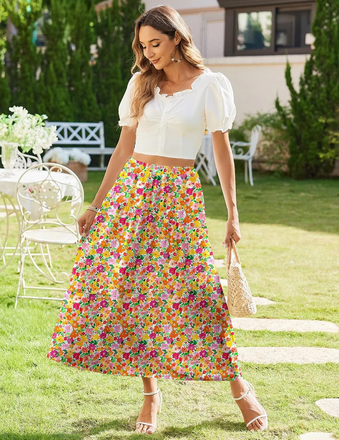 Zeagoo Women's Midi Summer 2025 Boho Elastic High Waist A-Line Flowy Swing Asymmetric Tiered Skirt Dress with Pockets