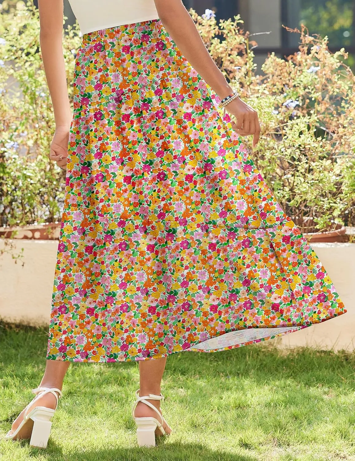 Zeagoo Women's Midi Summer 2025 Boho Elastic High Waist A-Line Flowy Swing Asymmetric Tiered Skirt Dress with Pockets