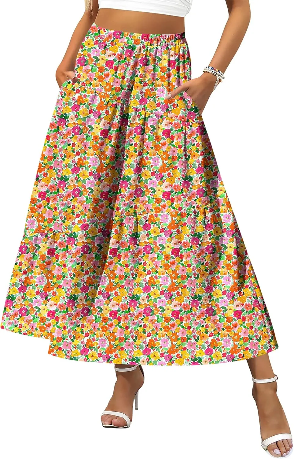 Zeagoo Women's Midi Summer 2025 Boho Elastic High Waist A-Line Flowy Swing Asymmetric Tiered Skirt Dress with Pockets