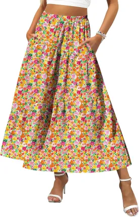 Zeagoo Women's Midi Summer 2025 Boho Elastic High Waist A-Line Flowy Swing Asymmetric Tiered Skirt Dress with Pockets