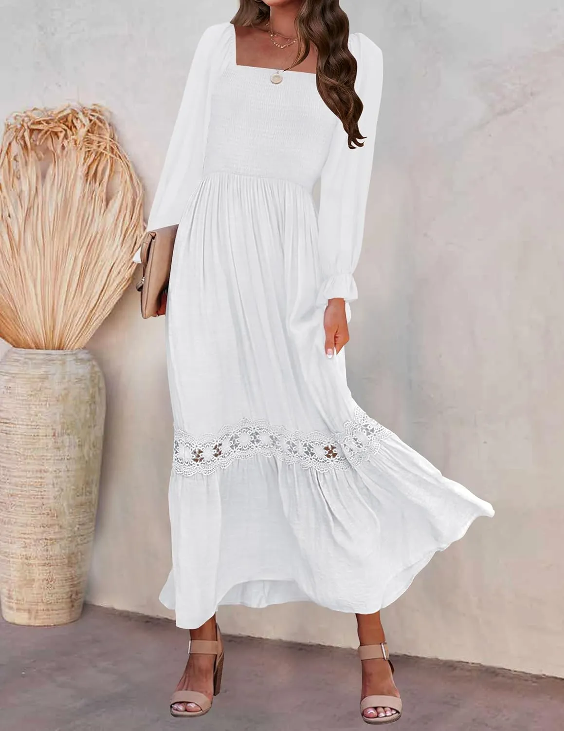 ZESICA Women's 2025 Boho Long Sleeve Square Neck Smocked High Waist Flowy A Line Lace Trim Maxi Dress
