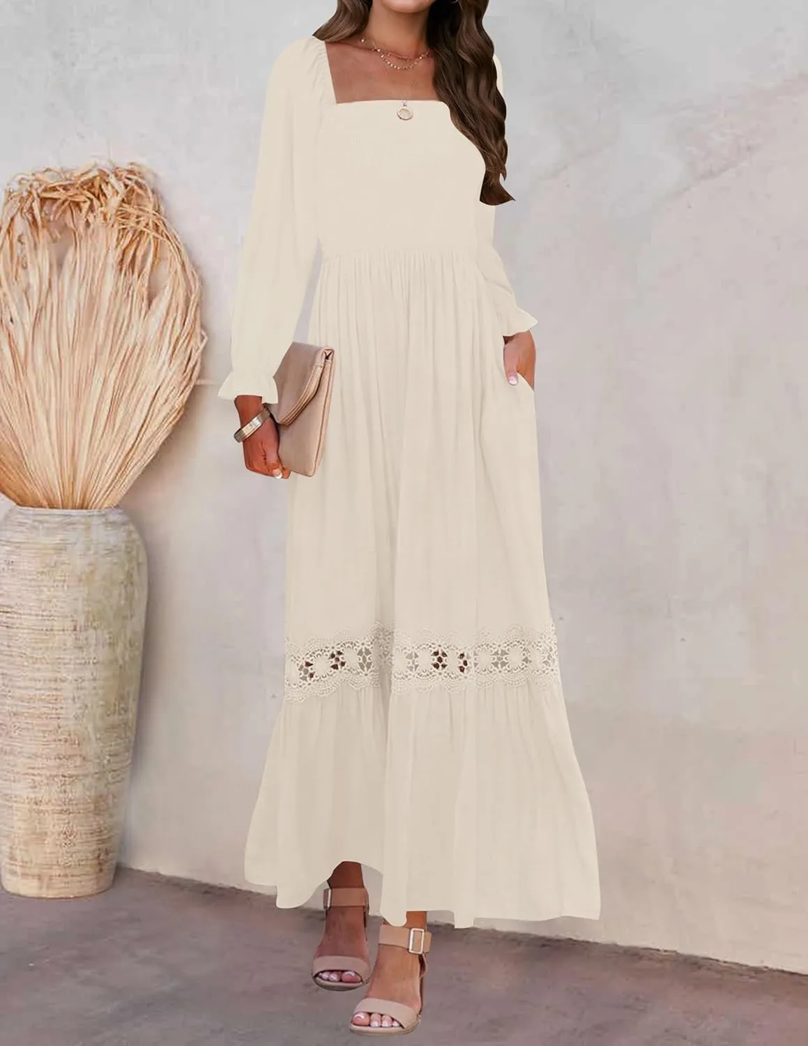 ZESICA Women's 2025 Boho Long Sleeve Square Neck Smocked High Waist Flowy A Line Lace Trim Maxi Dress