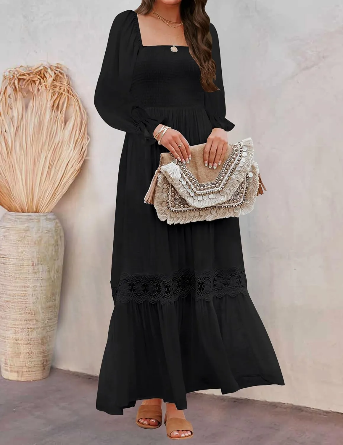 ZESICA Women's 2025 Boho Long Sleeve Square Neck Smocked High Waist Flowy A Line Lace Trim Maxi Dress