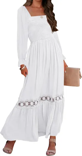 ZESICA Women's 2025 Boho Long Sleeve Square Neck Smocked High Waist Flowy A Line Lace Trim Maxi Dress