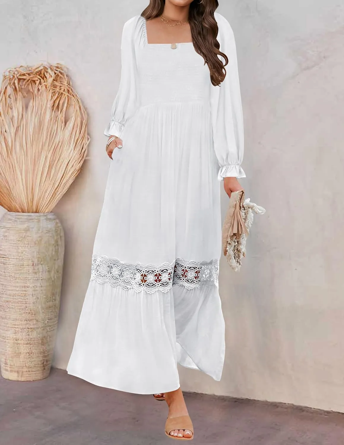 ZESICA Women's 2025 Boho Long Sleeve Square Neck Smocked High Waist Flowy A Line Lace Trim Maxi Dress