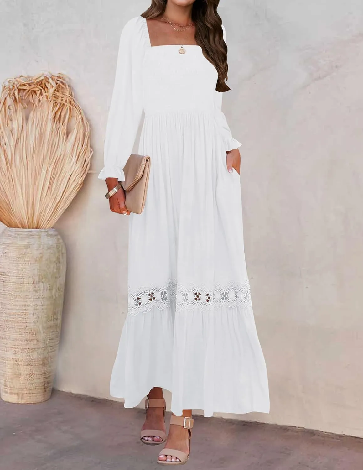 ZESICA Women's 2025 Boho Long Sleeve Square Neck Smocked High Waist Flowy A Line Lace Trim Maxi Dress