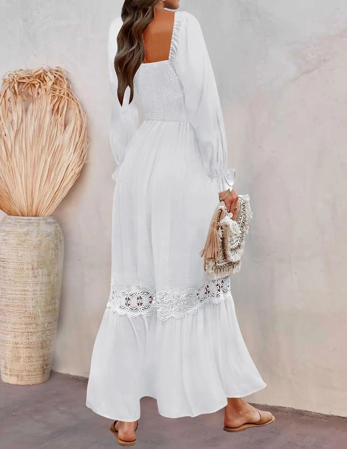 ZESICA Women's 2025 Boho Long Sleeve Square Neck Smocked High Waist Flowy A Line Lace Trim Maxi Dress