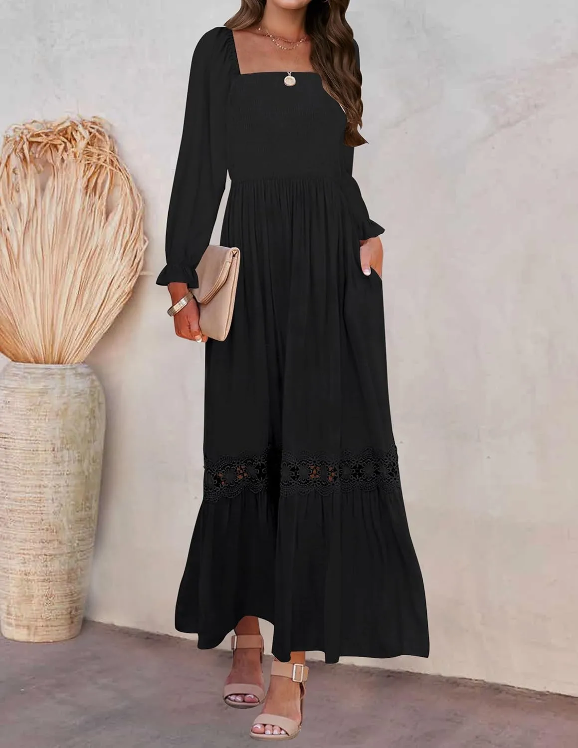 ZESICA Women's 2025 Boho Long Sleeve Square Neck Smocked High Waist Flowy A Line Lace Trim Maxi Dress