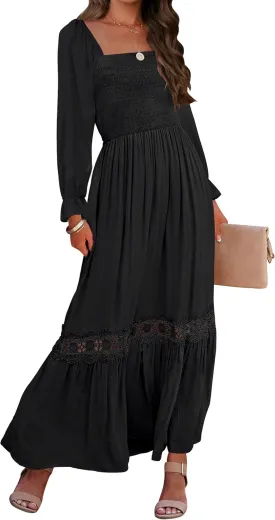 ZESICA Women's 2025 Boho Long Sleeve Square Neck Smocked High Waist Flowy A Line Lace Trim Maxi Dress