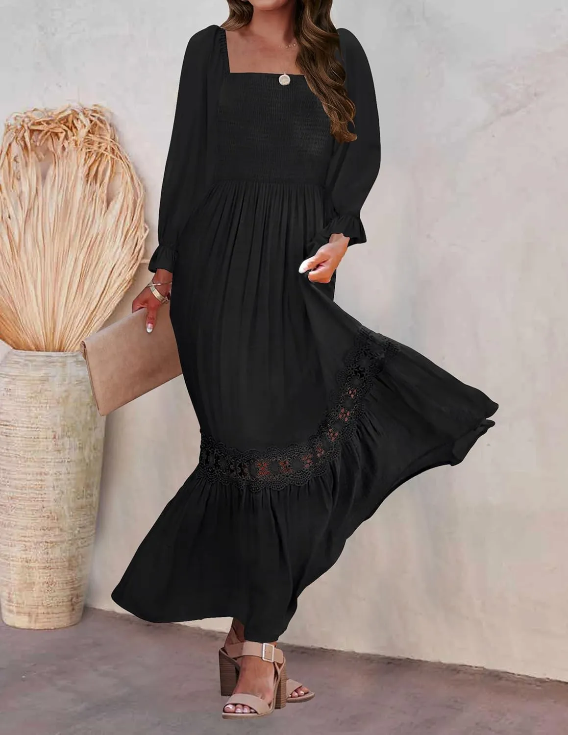 ZESICA Women's 2025 Boho Long Sleeve Square Neck Smocked High Waist Flowy A Line Lace Trim Maxi Dress